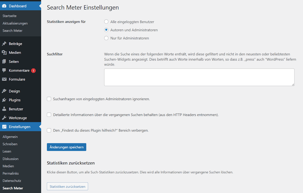 Benutzeroberfläche mit den Einstellungen von Search Meter Einstellungen von Search Meter